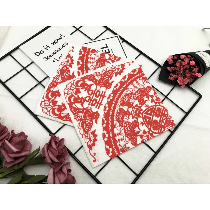 Colourful Printed Napkins Chinese Paper Cutting Joyful Printed Paper Placemats Wedding Festival Square Facial Tissues 20pcs/pac