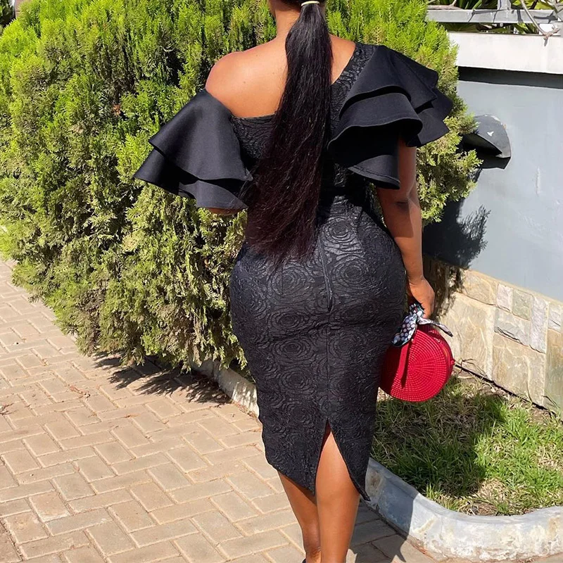 Plus Size Women Clothing Office Lady Lace Patchwork Bag Hip Pencil Skirt Autumn Fashion Off Shoulder Ruffles Zipper Party Dress