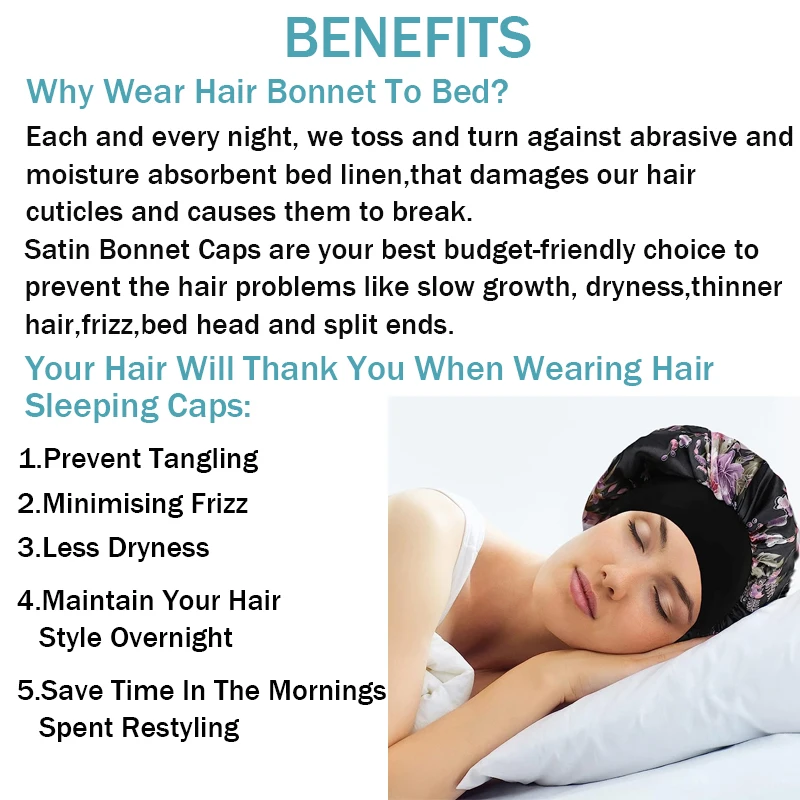 Plussign Satin Bonnets For Women Night Sleeping Cap With 6Cm Wide Elastic Band Floral Print Silky Headwrap Ladies Hair Cover Hat satin bonnet