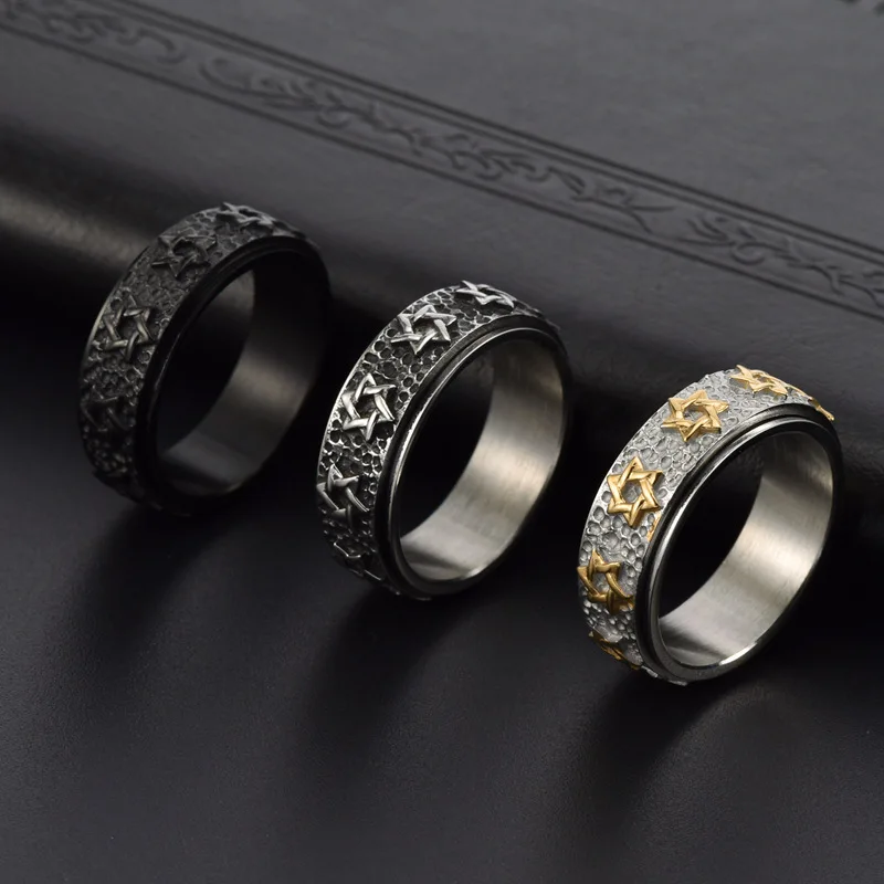 8mm Vintage Star of David Spinner Ring Hexagram Jewish Six Pointed Rotable Fidget Stainless Steel Rings Relieve Stress Men Women 3