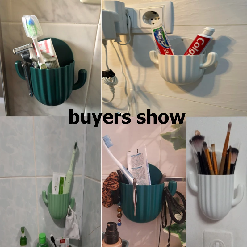 Toothbrush Holder Household Wall Self-adhesive Seamless Cactus Storage Rack Shaver Organizer Drain Shelf Bathroom Accessories 6