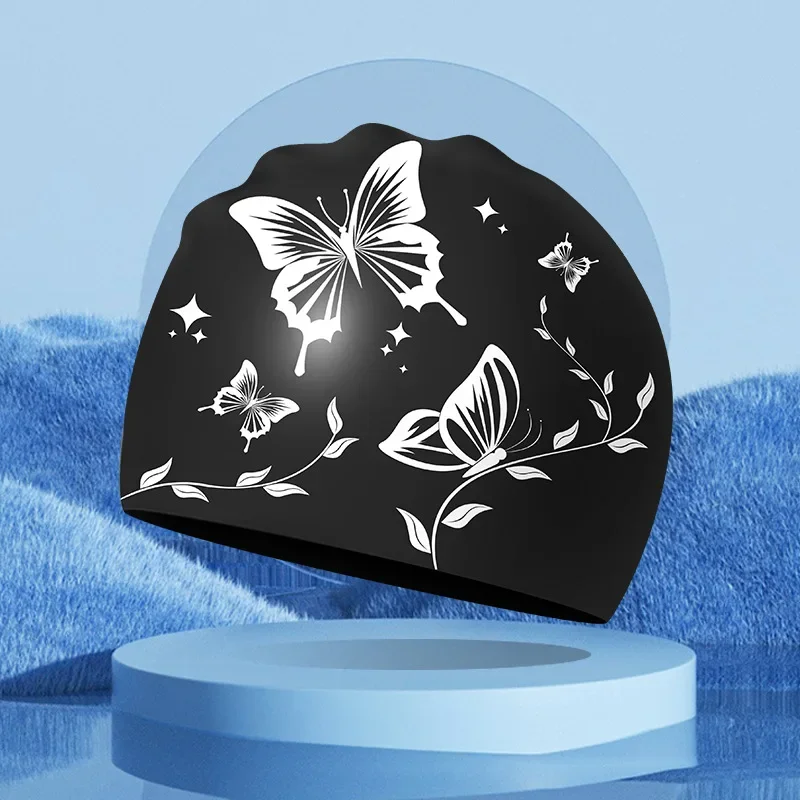 Waterproof Silicone Swim Caps for Women Men High Ealsitc Long Hair Ear Protection Swimming Cap Butterfly Printed Adult Swim Caps 5