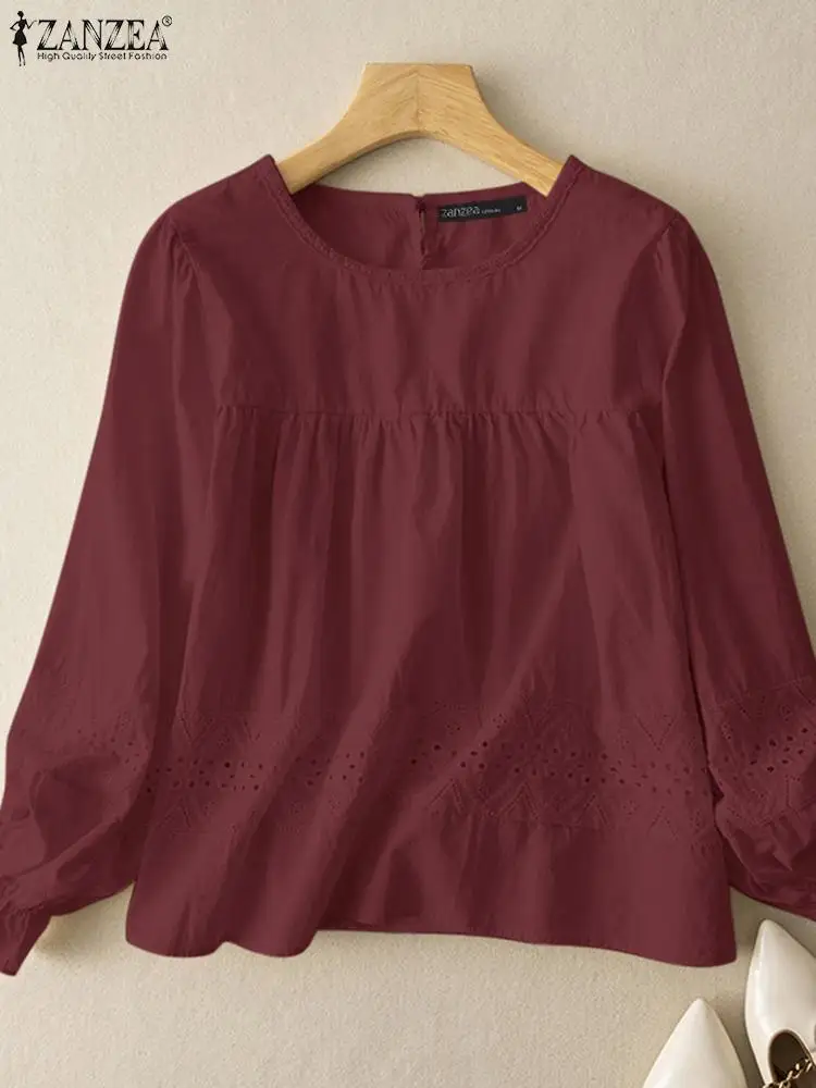 

ZANZEA Spring Lace Crochet Blouse Fashion Solid Ruffles Shirt Stylish Holiday Party Blusas Casual Tunic Elegant Long Sleeve Tops