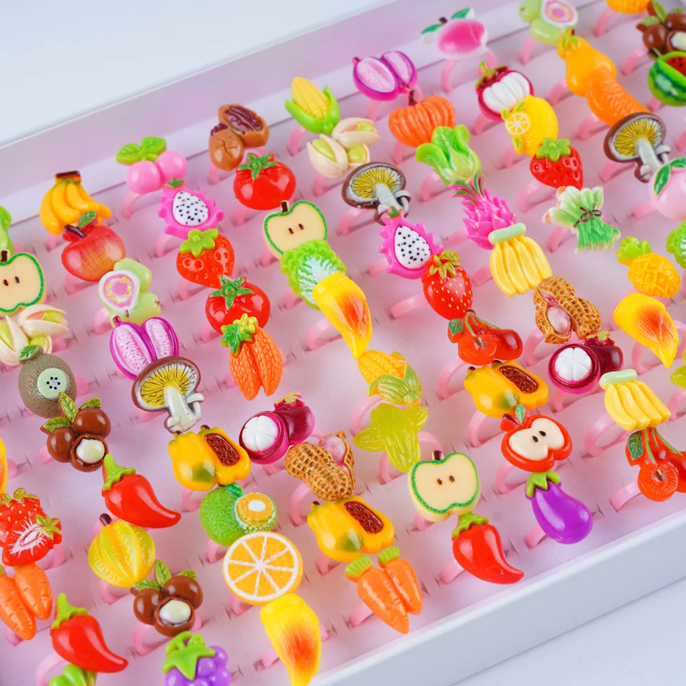 100 Teile/los Kinder Harz Cartoon Reizende Nette Obst Tier Blume Pflanze Öffnung Ringe für Kinder Jungen Mädchen DIY Schmuck Zubehör – Detail 5