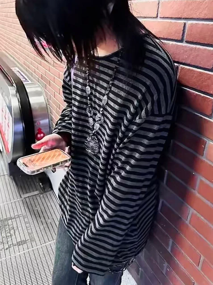 Japanese Y2k Clothing Long Sleeves T-shirt Autumn Women Striped Tops Loose Thin Grunge 2000s Streetwear Top 2