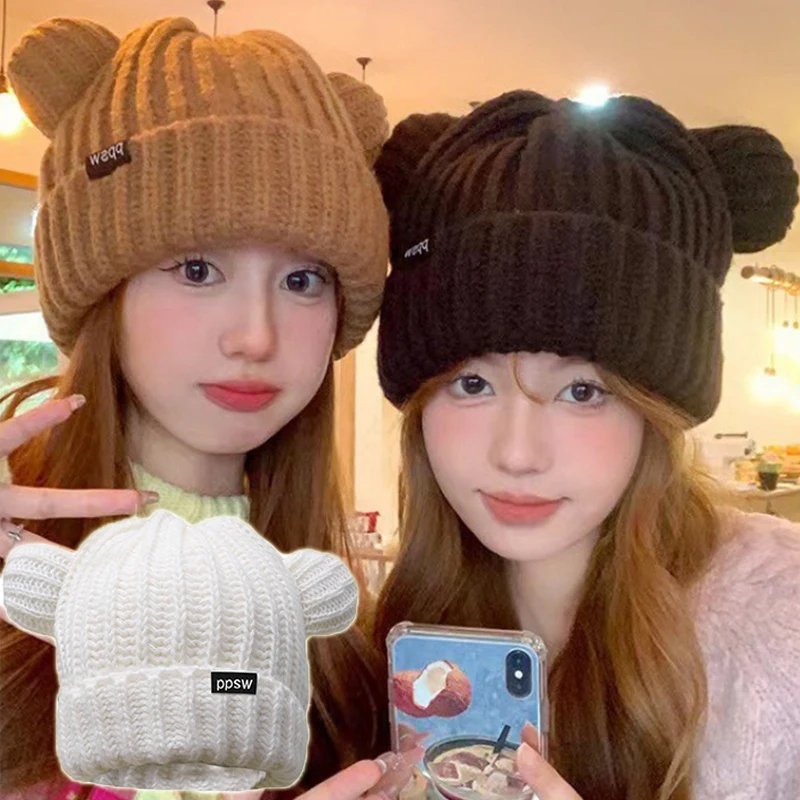 

Y2k Cute Bear Ears Loose Knitted Solid Color Beanies Skullies Hat Autumn Winter Warm Thicken Outdoor Student Polyester Caps