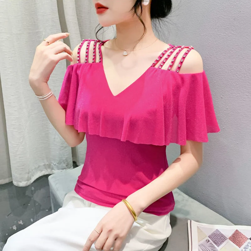 Fashion Bright Silk Beading Slip Ruffles Off Shoulder Blouses Women Clothing 2024 Summer New Loose Chic Tops Office Lady Shirts