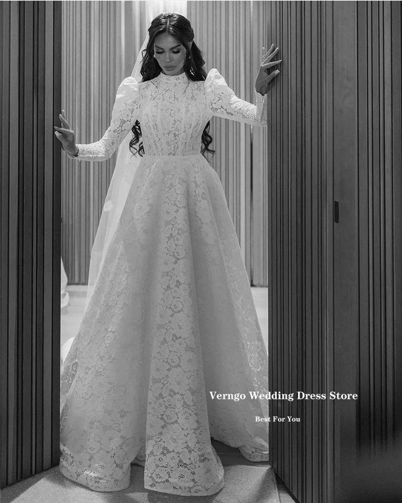 Verngo-vestidos de novia árabes de Dubái, modestos vestidos de novia musulmanes, línea A, mangas largas, botones de cuello alto, vestidos de novia