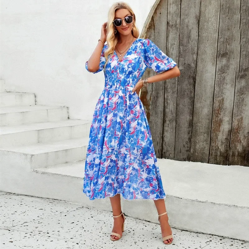 

2024 Spring/Summer Vacation Leisure Print Waist V-neck Long Dress Elegant and Elegant Dress Lantern Sleeves A-line Dress