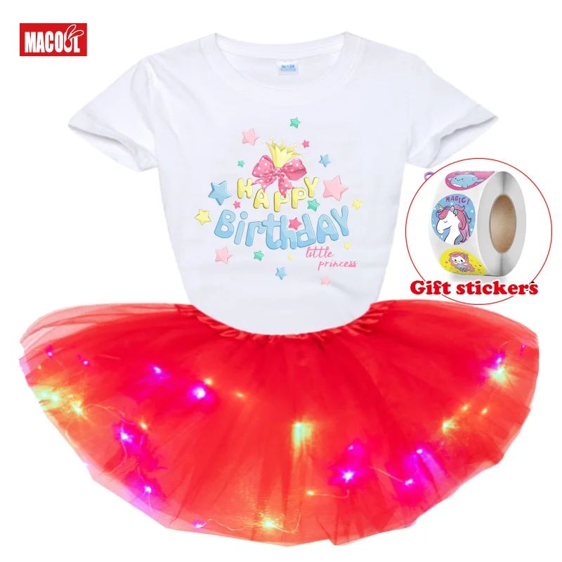 

Girls Cute Tutu Skirt Rainbow Princess Dress Girl Kids Party Stunning Skirt Sequin Dress T-shirt+Glow Skirt+Children's Stickers