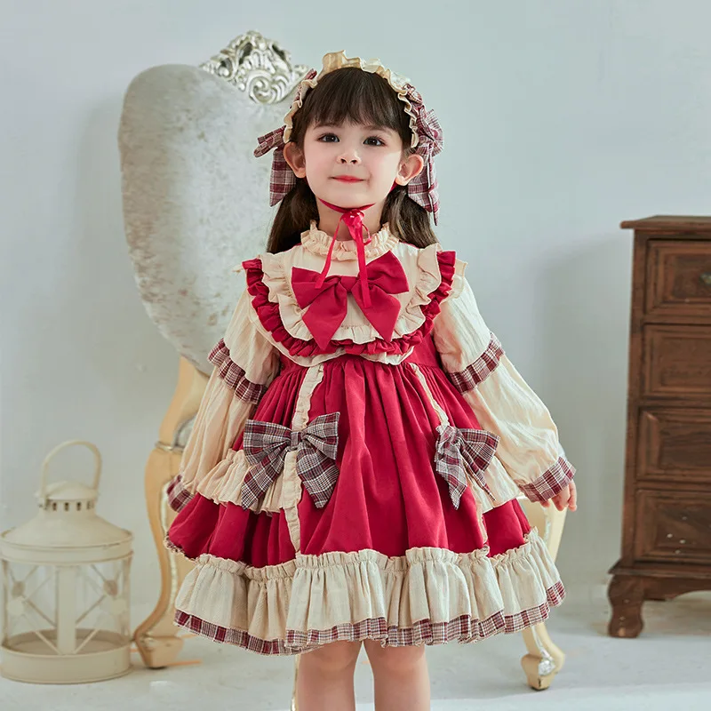 Lolita Girl Kawaii Costume with Bowknot Princess Christmas Ball Gown Party Baby Dresses Headdress Cute New Year Red Shaggy Skirt