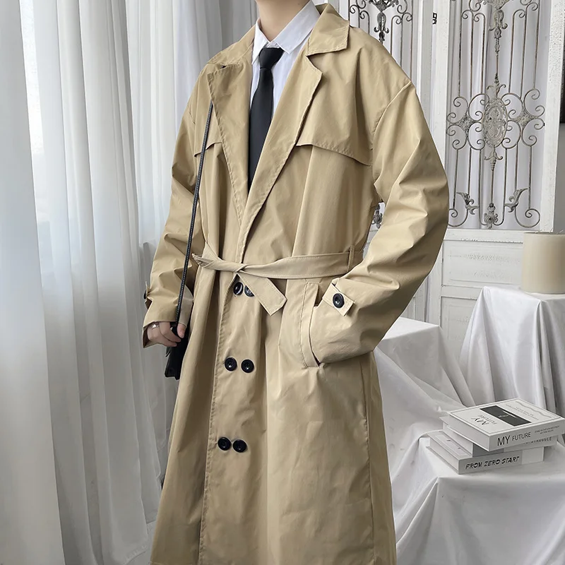 

Тренчкот мужской оверсайз, модная Длинная ветровка свободного покроя в Корейском стиле, с поясом, цвет хаки, черный, осень