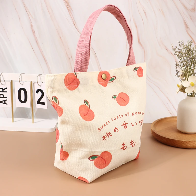 Small Canvas Women Tote Food Bag Japanese Peach Hand Lunch Bag Korean Mini Student Handbags Cotton Cloth Picnic Travel Bento