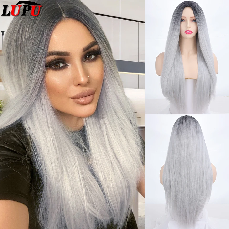 

LUPU Synthetic Ombre Grey Blonde Pink Wig Long Straight Middle Part Hair Cosplay Lolita Natural Heat Resistant Wigs For Women