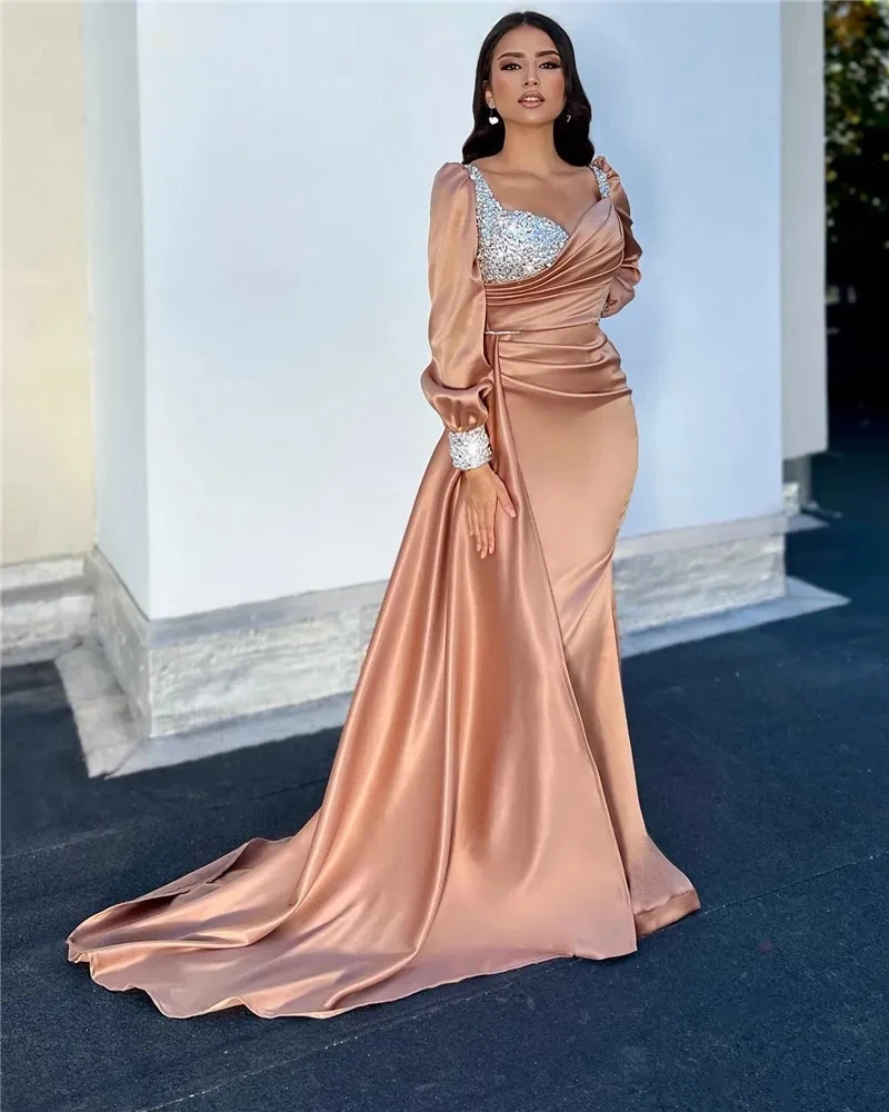 

Color Contrast Modern Evening Dresses Strapless Sexy Ball Gowns Empire Satin Pleat Mermaid Court Train Formal Vestido De Gala