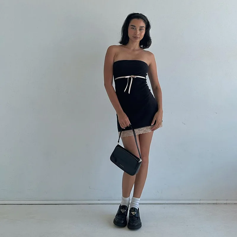 Nibber Solid Black Lace Patchwork Mini Dress For Women 2023 Summer Hipster Shiny Wrapped Chest Body-shaping Midnight Partywear