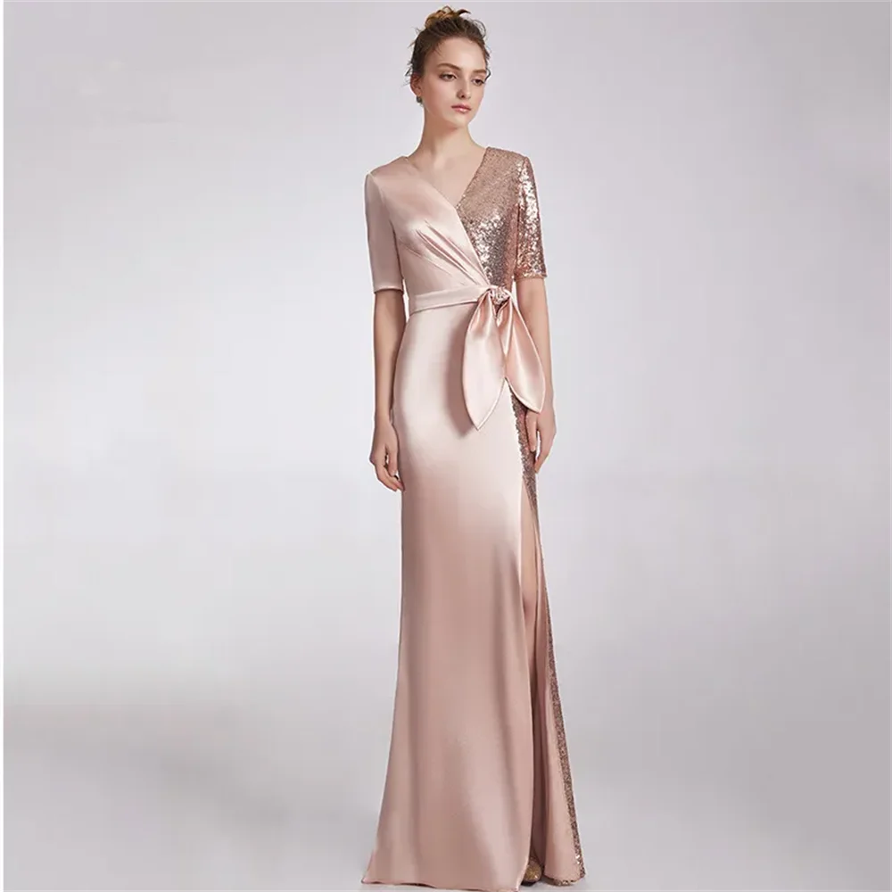 Lace Stain Mermaid Mother of the Bride Dresses rose gold Plus Size Long shiny v neck Long Sleeve Elegant Evening Formal Gowns La