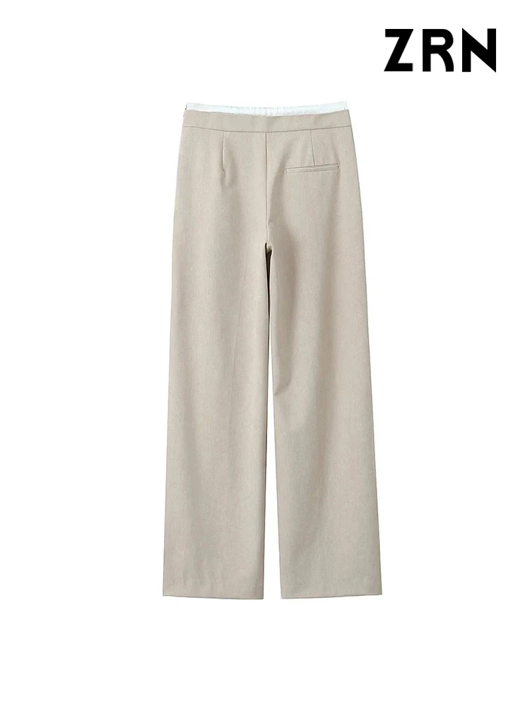 ZRN-Women's Double Waistband Wide Leg Pants, High Elastic Waist With Drawstring, Side Pockets, Female Trousers, Chic Fashion