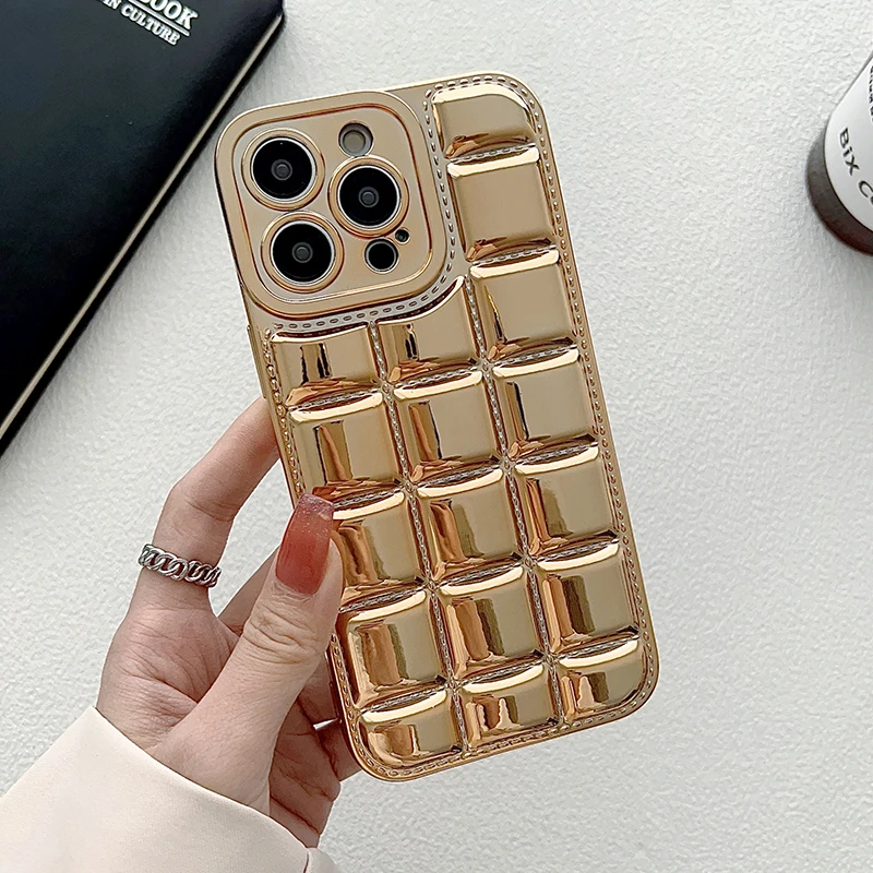 Brown 3D Square Cube Plating Cute Phone Cases For iPhone 14 13 12