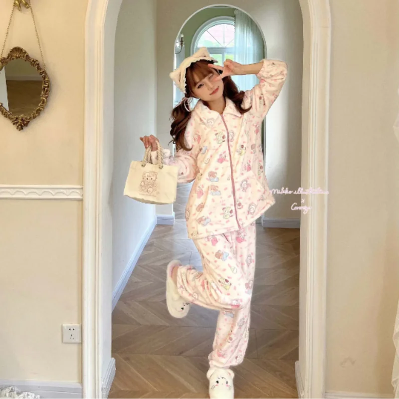 

Kawaii Original Mikko Cute Autumn Winter Pajamas Plush Casual Cartoon Zip-up Pajama Set Home Wear Top Pants Christmas Girl Gifts