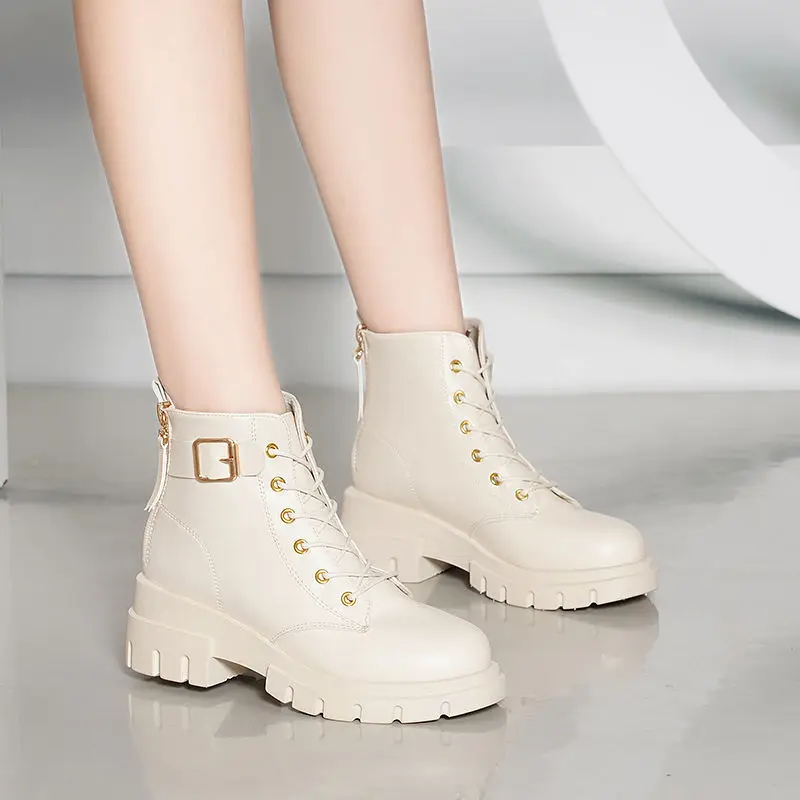 Botas cortas de tacón bajo mujer, zapatos de suela gruesa de terciopelo PU con cremallera novedad de invierno 2022 - AliExpress