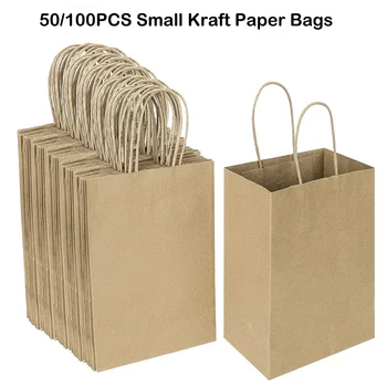 50/100PCS Small Kraft Paper Gift Bags with Handles Bulk For Packaging Christmas Party Favor Candy Bags Retail Shopping Bags 1