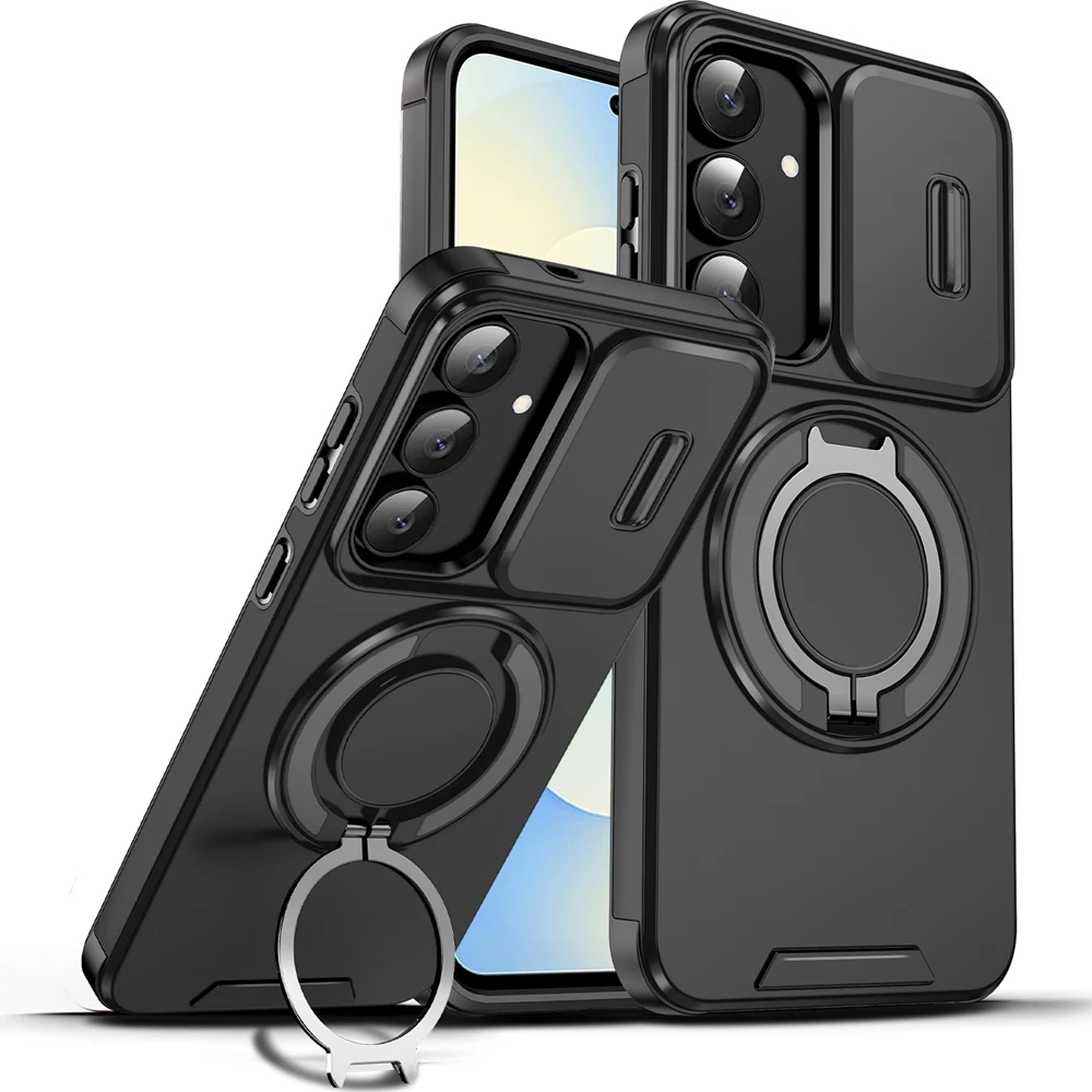 Shockproof Armor Phone Case with Slide Lens Protection and Ring Holder