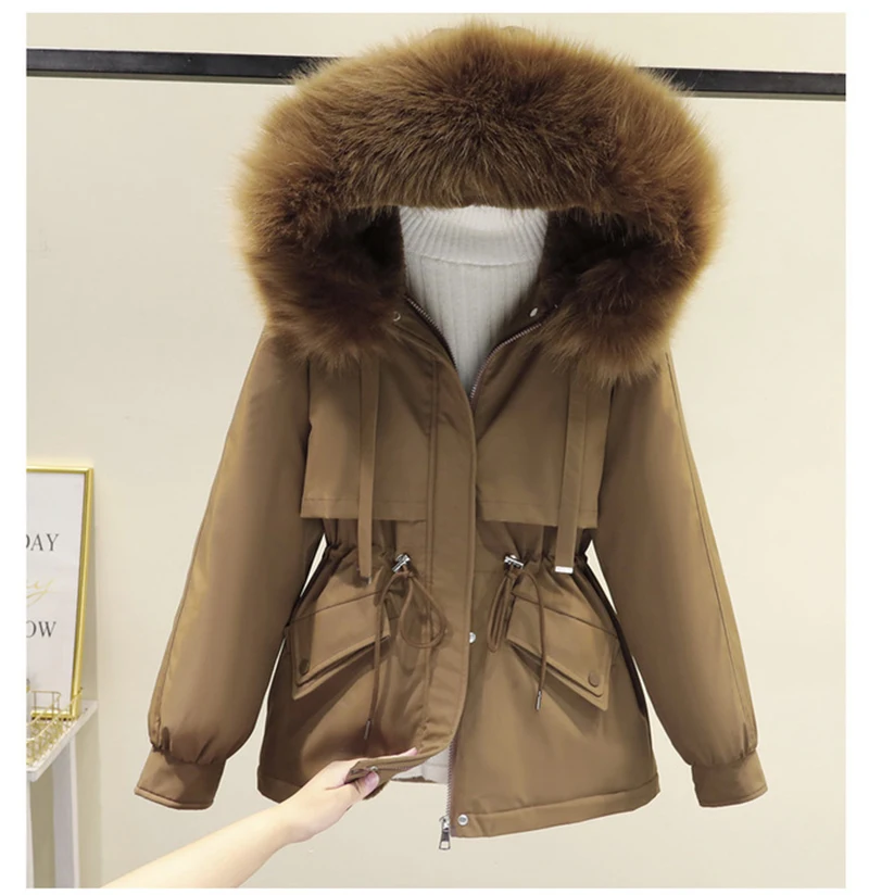 

QNPQYX New Fashion Cotton Padded Women Jackets Winter Big Fur Jacket Women Loose Slim Warm Hooded Parka Coat Down Jacket