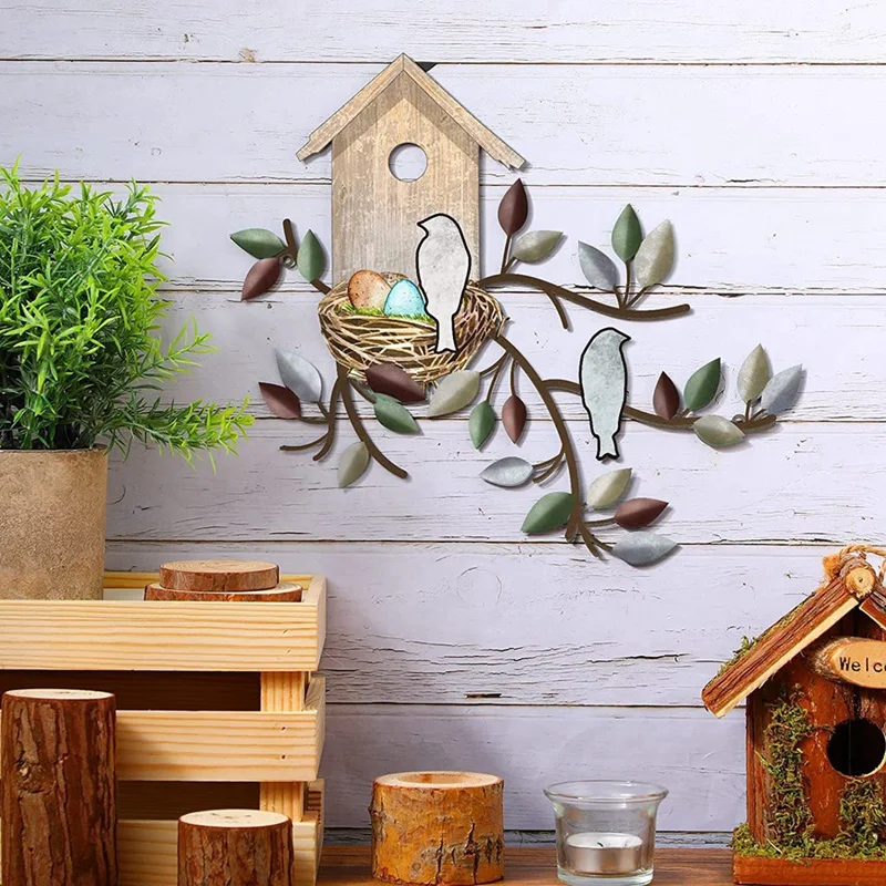 

Metal Hanging Tree With Birdhouse Wall Art Outdoor Wall Decor Bird Decorations For The Home Metal Leaf Wall Decor
