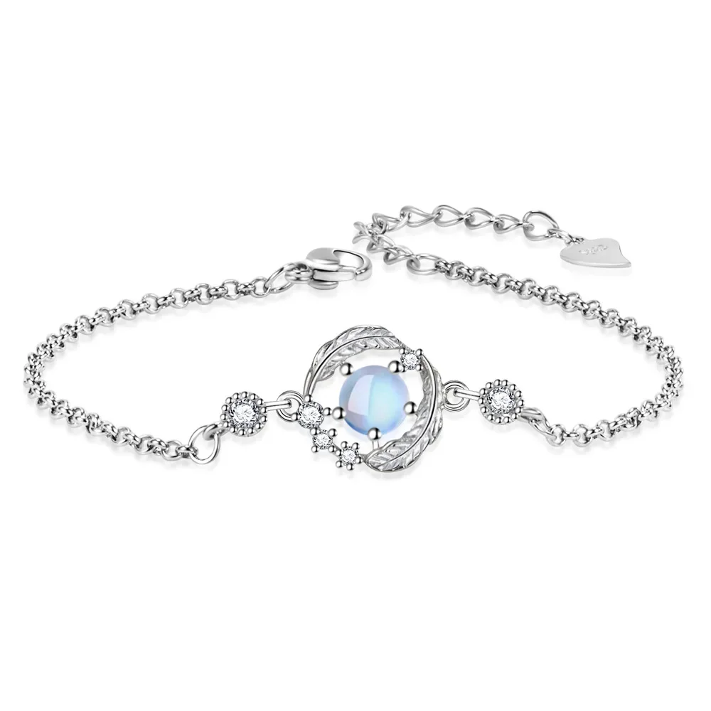 SUYIXIAN S925 Sterling Silver Moonstone Feather Necklace Earrings Bracelet Set Engagement Jewelry Gift for Women jewelry set silver jewelry silver jewelry set