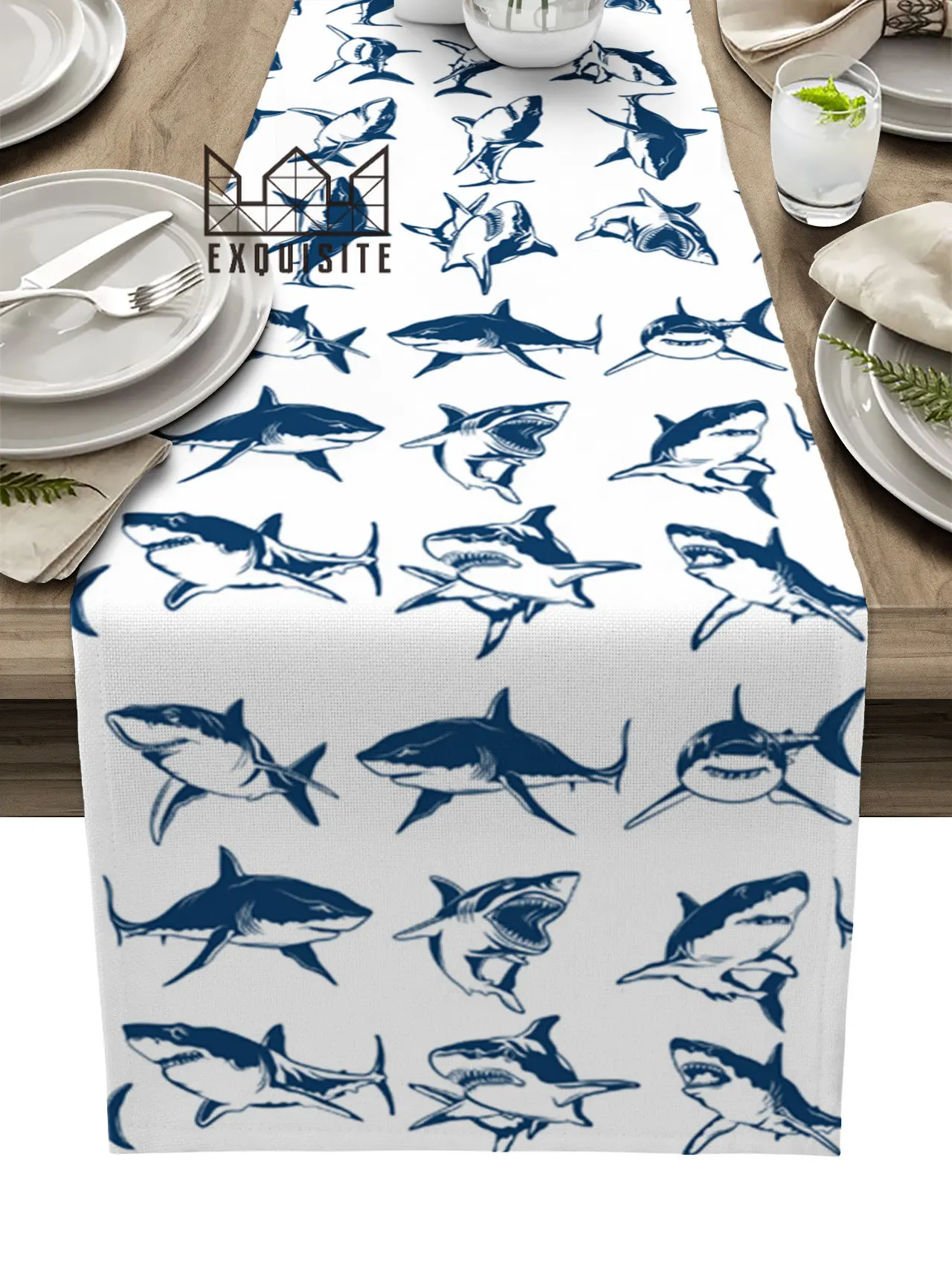 

Упрощенная Акула текстура силуэт морских животных флаг настольная дорожка страна свадебный стол украшение для кухни дома столовой