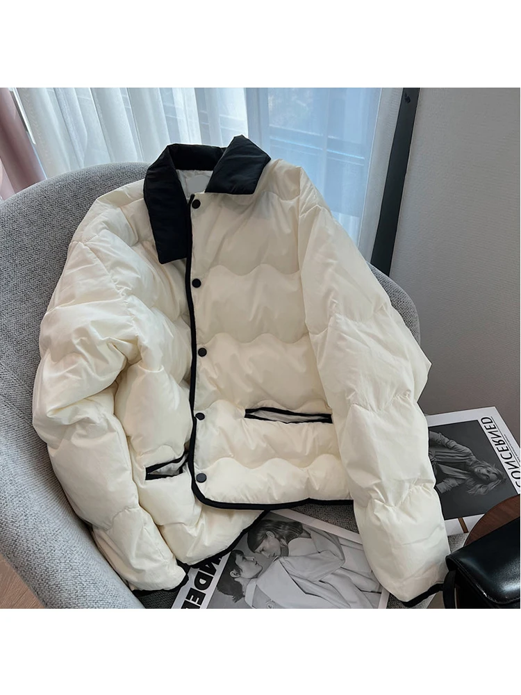 

2022 Newest Winter Solid Tops Korean Fashion Turn Down Collar Parkas Women Simple Loose Casual Vintage Cotton Padded Jackets