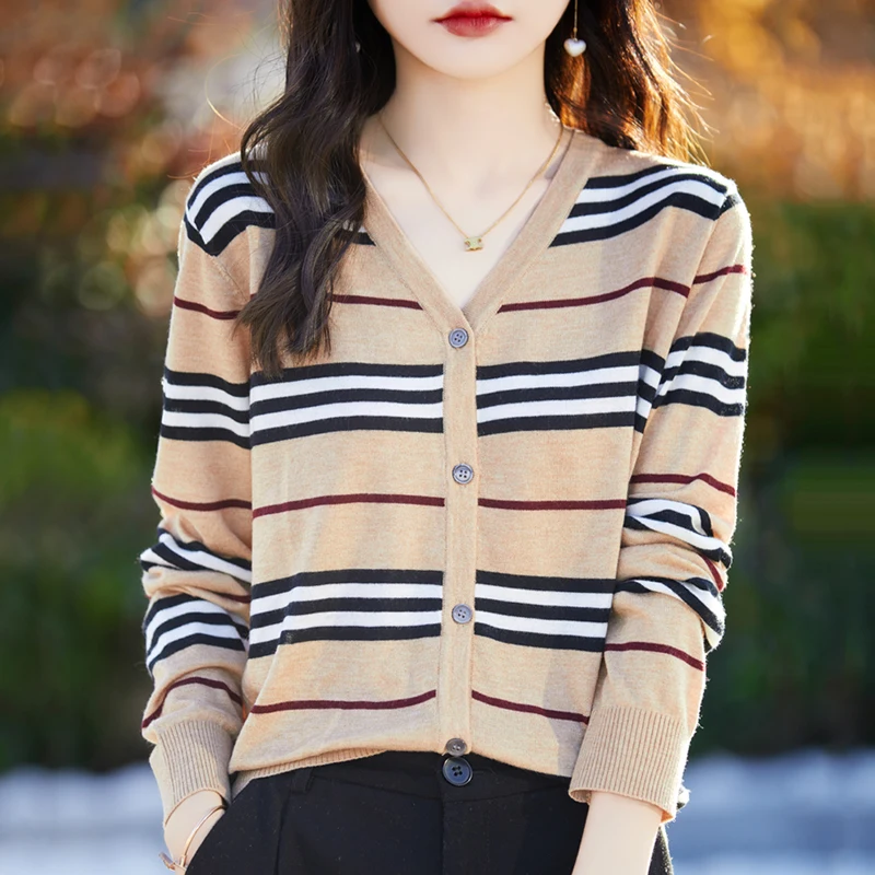 

Small Fragrant Wind Same Stripe Colored Versatile Knitwear Coat New Long sleeved Loose Spring/Summer Western Blouse