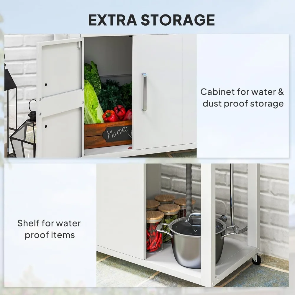 Outdoor Grill Table with Stainless Steel Sink and Drainage, Grill Cart with Foldable Side Table and Cabinet 6