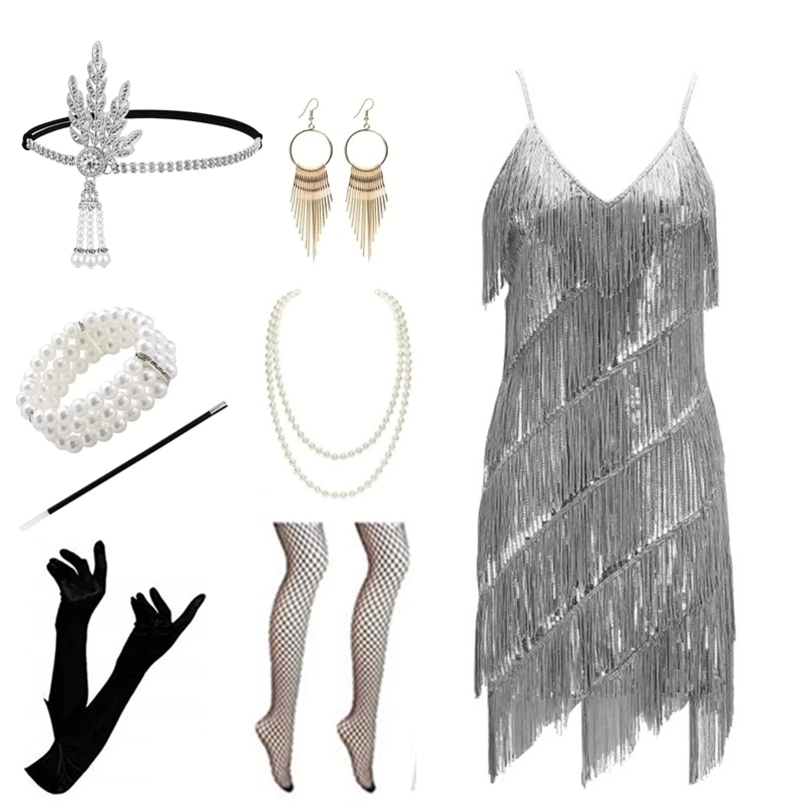 thumbnail image 1 of Vestidos de cosplay de los años 20 para mujer, vestidos con borlas y tirantes, vestidos de fiesta de cóctel con flecos, vestidos estilo flapper con accesorios para la diadema, 1 of 4