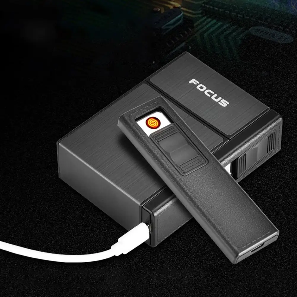 Kerosene Lighter Bbq Lighter Butane Gas Lighter Cigarette Lighter Electric Arc Igniter Cigarette Case Windproof USB Rechargeable Metal Tobacco Dispenser Box for 20 Cigarettes