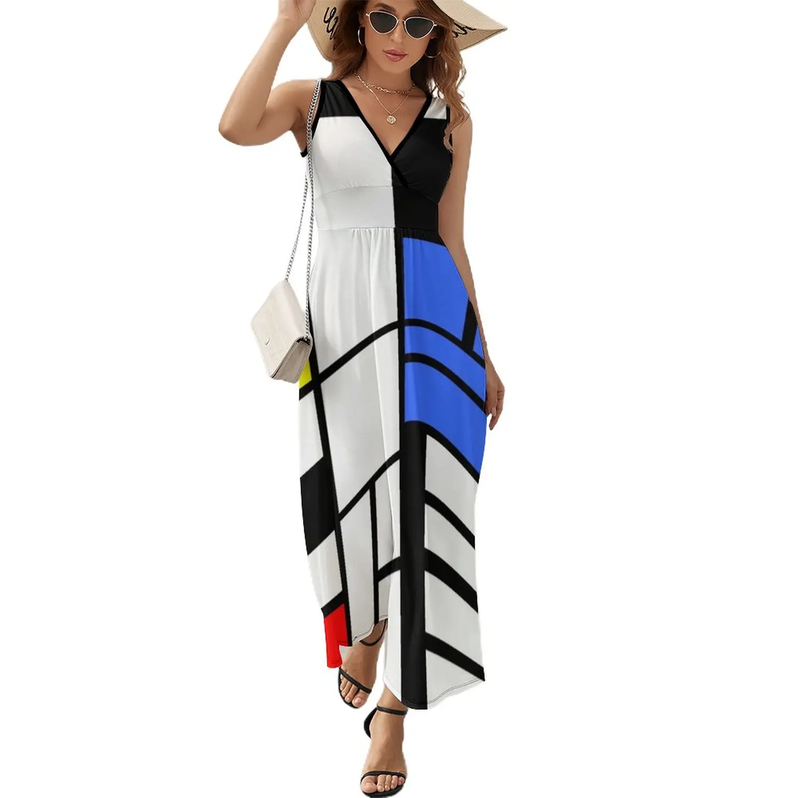 

Modrian inspired Composition with Red Blue and Yellow Sleeveless Dress dress summer 2024 women Summer dresses for women