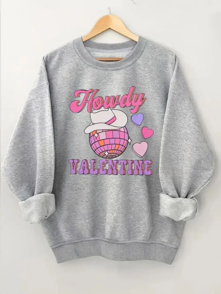 Valentine's Day Pullover Sweatshirt Casual Long Sleeve Hoodies Heart Print Crew Neck Sweatshirts Women's Clothing