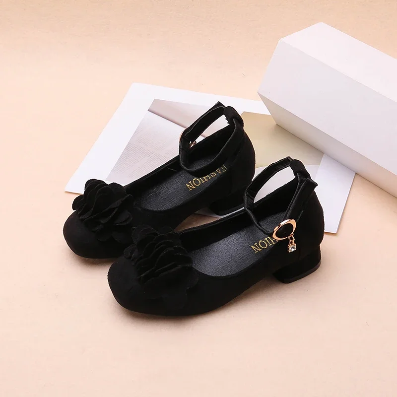Black Leather Ankle Strap High Heels for Kids School Uniform