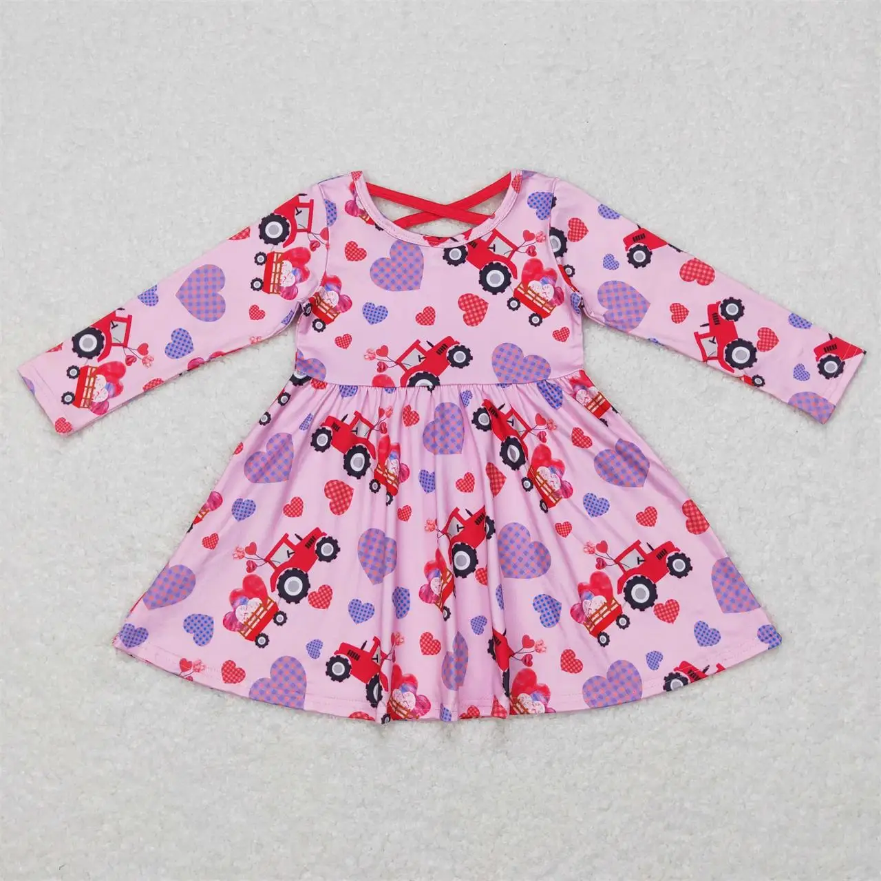 

Wholesale Toddler Long Sleeves Kids Children Infant One Piece Knee Length Baby Girl Tractors Heart Valentine's Day Twirl Dress