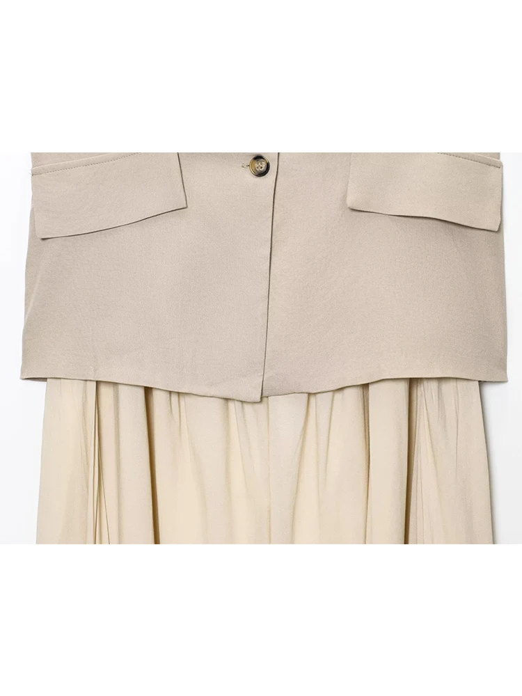 TFMLN Summer Elegant Vest Dress For Women Chic Patchwork Square Neck Sleeveless High Waist Splice Long Dress Fashion High Street