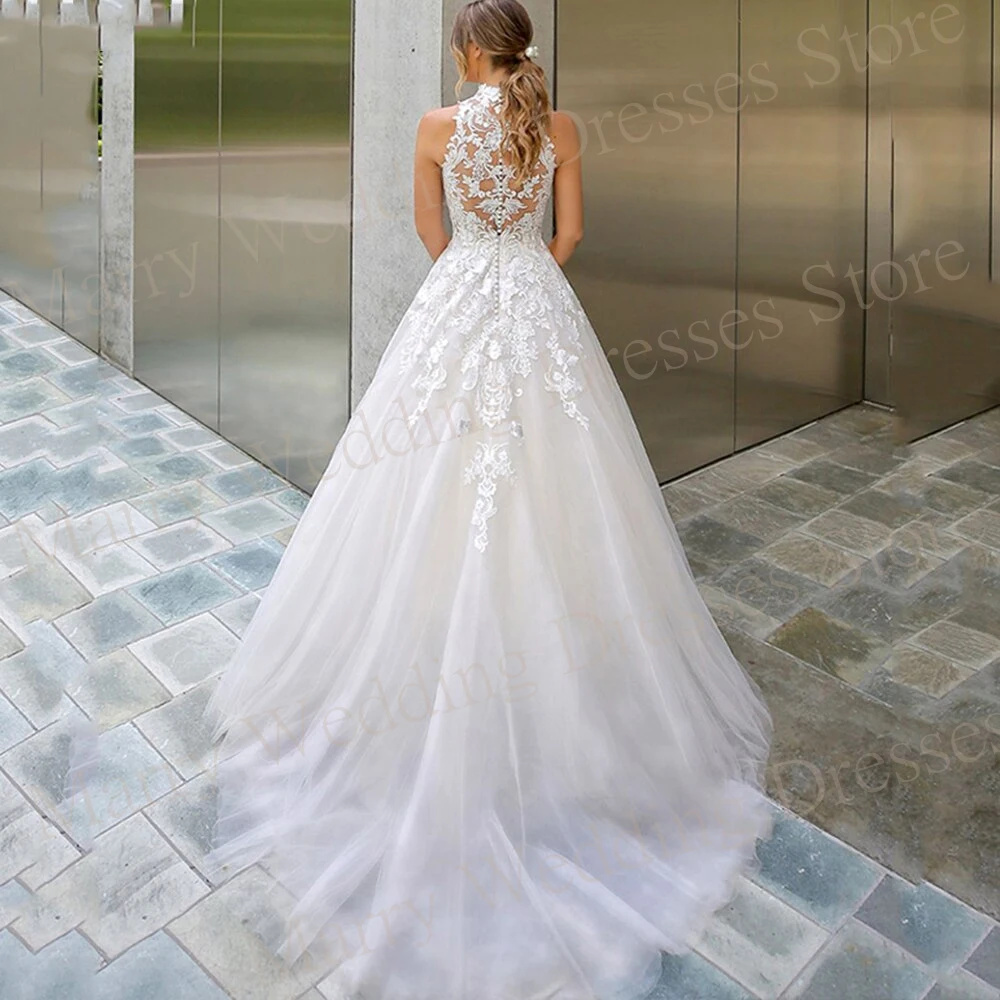 Bobo Modern A Line Women's Wedding Dresses High Neck Lace Appliques Bride Gowns Sexy Sleeveless Button Robe De Mariée Customized 2