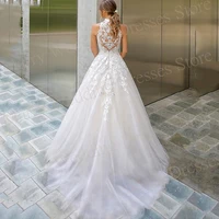 Bobo Modern A Line Women's Wedding Dresses High Neck Lace Appliques Bride Gowns Sexy Sleeveless Button Robe De Mariée Customized 2
