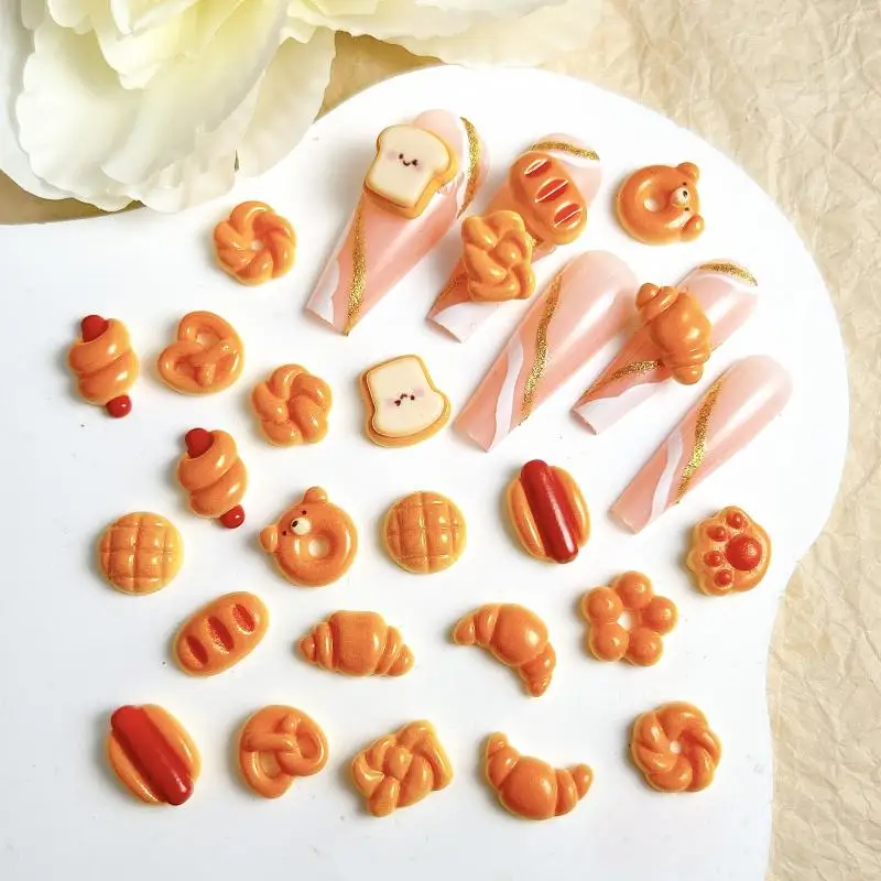 30PCS Cute Creative Sausage Bread Nail Art Decorations Simulated Smiley Toast Cat Paw Bread Dessert Series Nail Charms DIY Nails 5