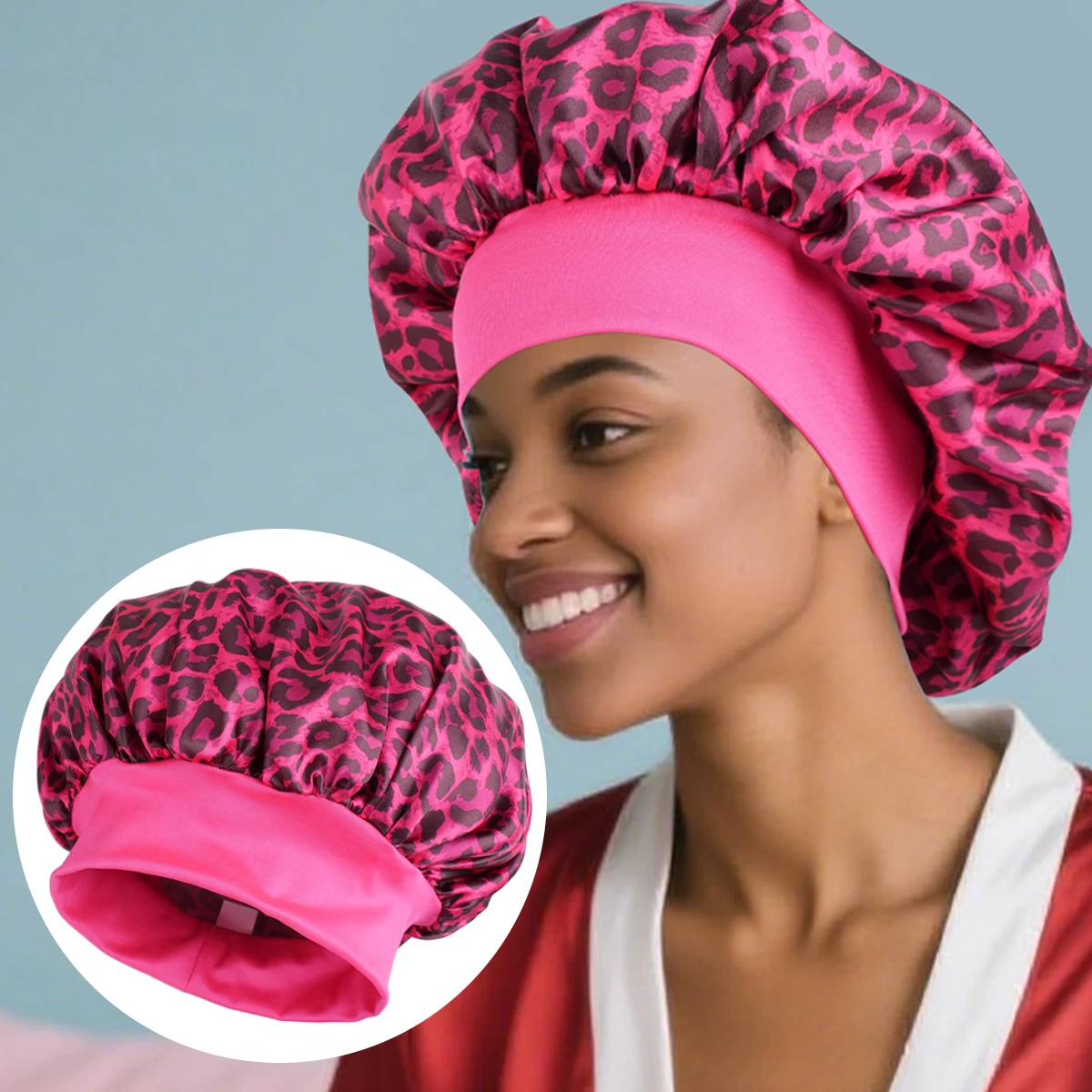 Damen-Schlafhaube aus Satin mit Leopardenmuster, einlagige Schlummertrunk für die Haarpflege, unverzichtbare Schlafzeitroutine, 1er-Pack – Detail 18