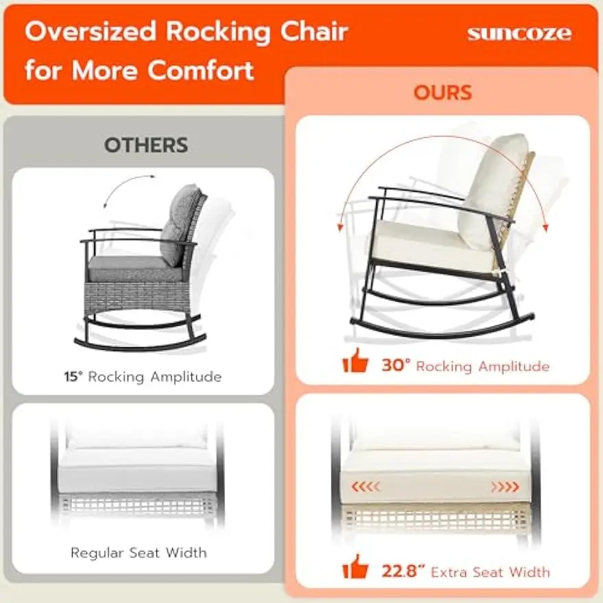 3 Piece Patio Furniture Set, Outdoor Rocking Chairs Set of 2 with Coffee Table, Rocking Chair Oversize Rattan Conversation Sets