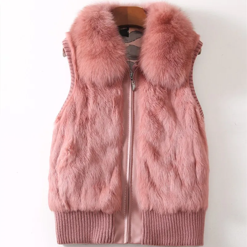 Femmes véritable fourrure de lapin col de fourrure de renard tricot femmes hiver gilet fourrure veste décontracté court vêtements d'extérieur mince avec fermeture éclair