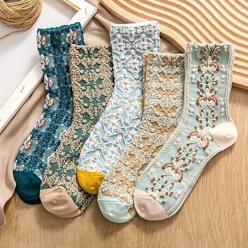 5 Paar dreidimensionale Retro-Reliefsocken, mittellange Damensocken, schlank und süß im Sommer, Waldstil und künstlerisch – Detail 1