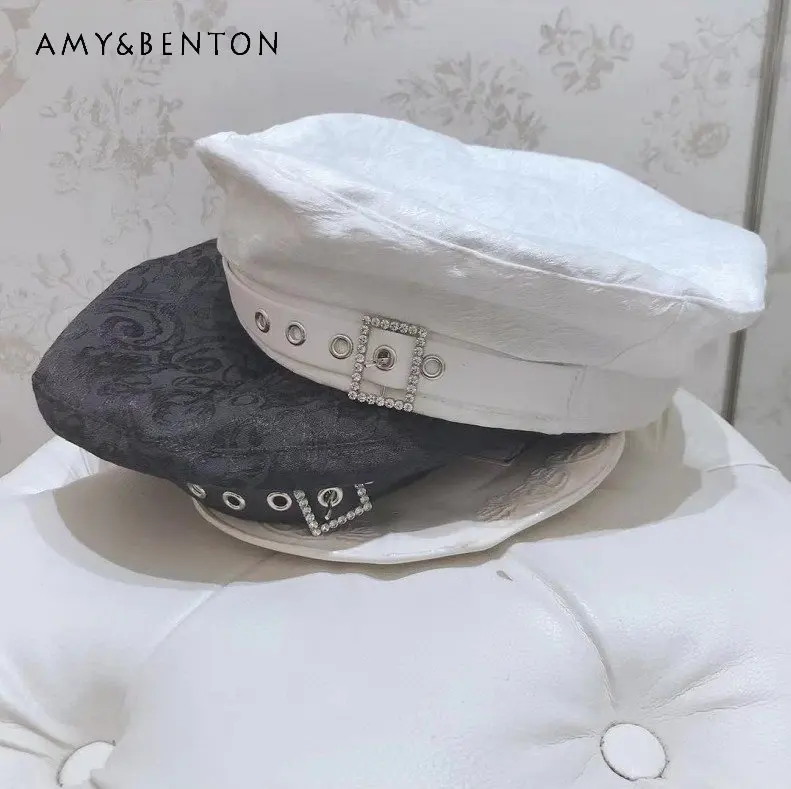 

Japanese Style Beret Hat Sweet Lady Rhinestone Buckle Lace Beret Show Face Autumn Winter Summer Hats for Women