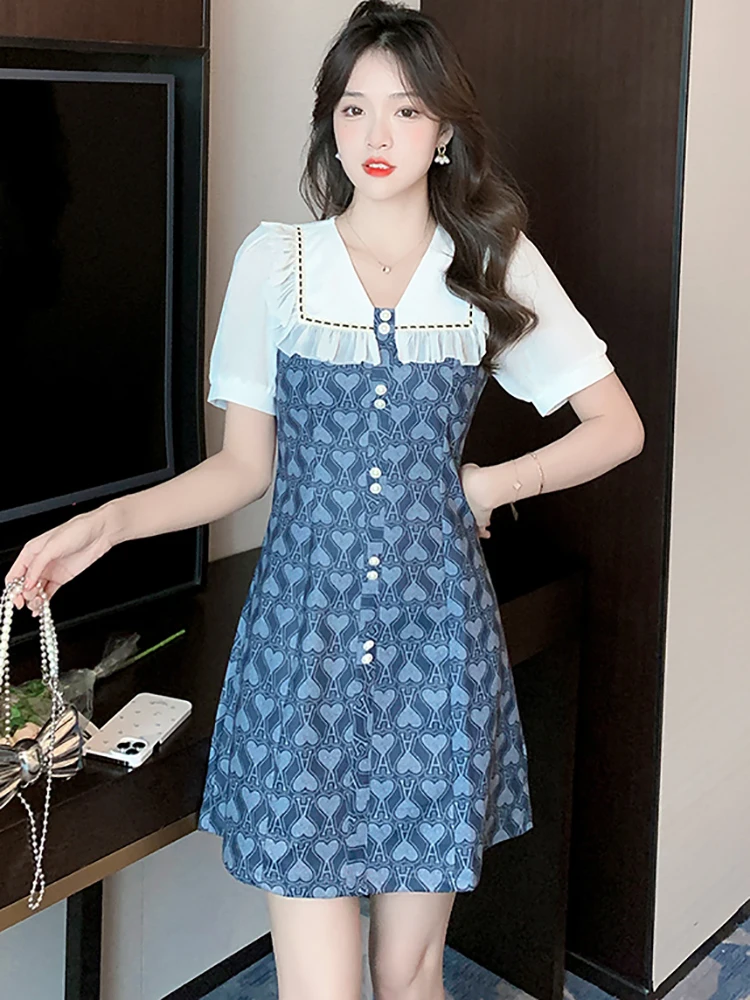 

Женское мини-платье с V-образным вырезом, голубое повседневное облегающее платье с принтом в стиле пэчворк, весна-лето 2023